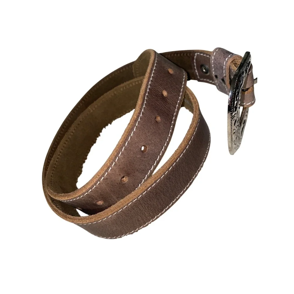 F&L Classic Brown Full Grain Leather Western Belt Silver Engraved Buckle Mens 38